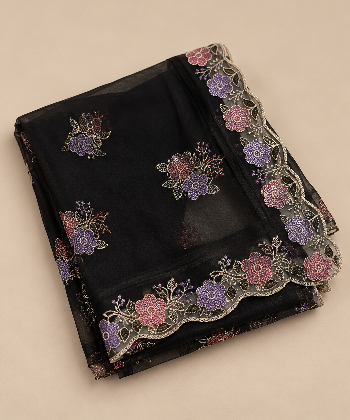 Women's Black Georgette Dupatta with Sequin & Scalloped Border