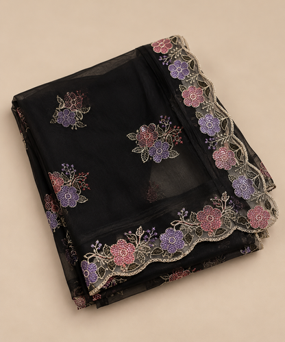 Women's Black Georgette Dupatta with Sequin & Scalloped Border