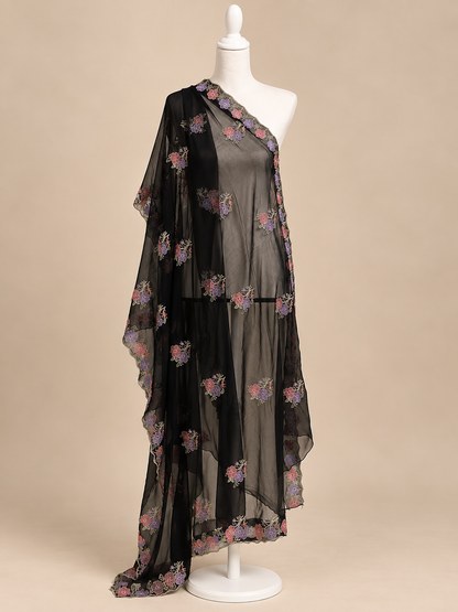 Women's Black Georgette Dupatta with Sequin & Scalloped Border