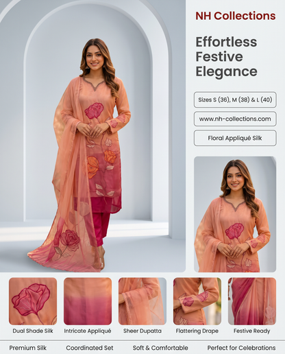 Women’s Dual Shade Shimmer Silk Kurta Set with Appliqué Work in S, M & L