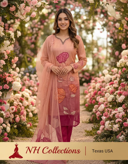 Women’s Dual Shade Shimmer Silk Kurta Set with Appliqué Work in S, M & L