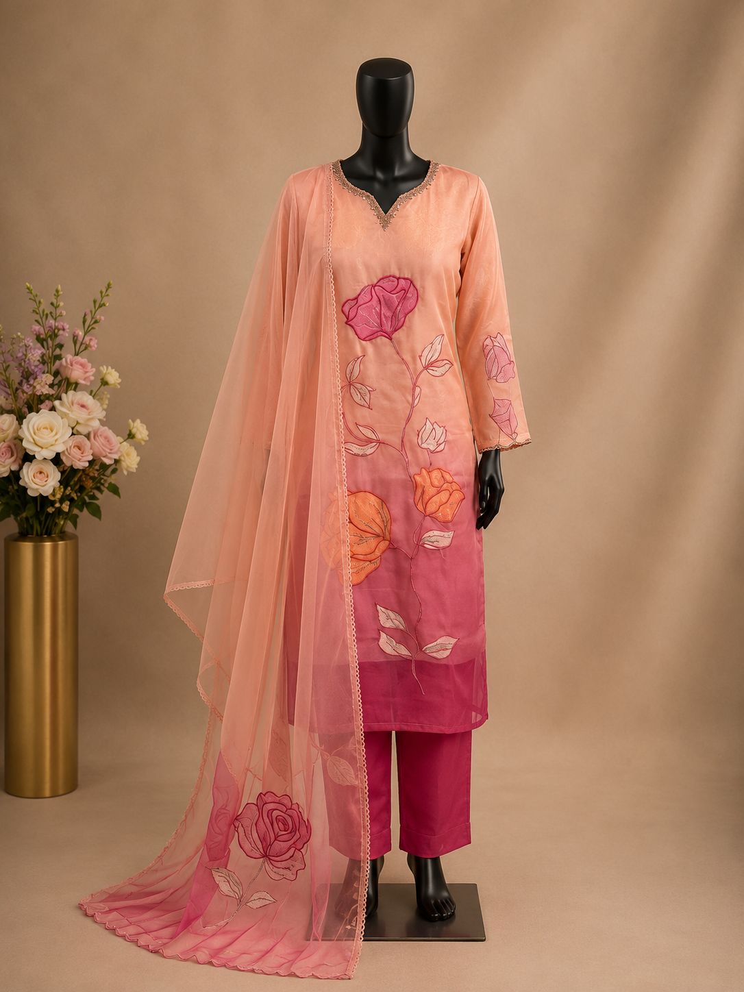 Women’s Dual Shade Shimmer Silk Kurta Set with Appliqué Work in S, M & L