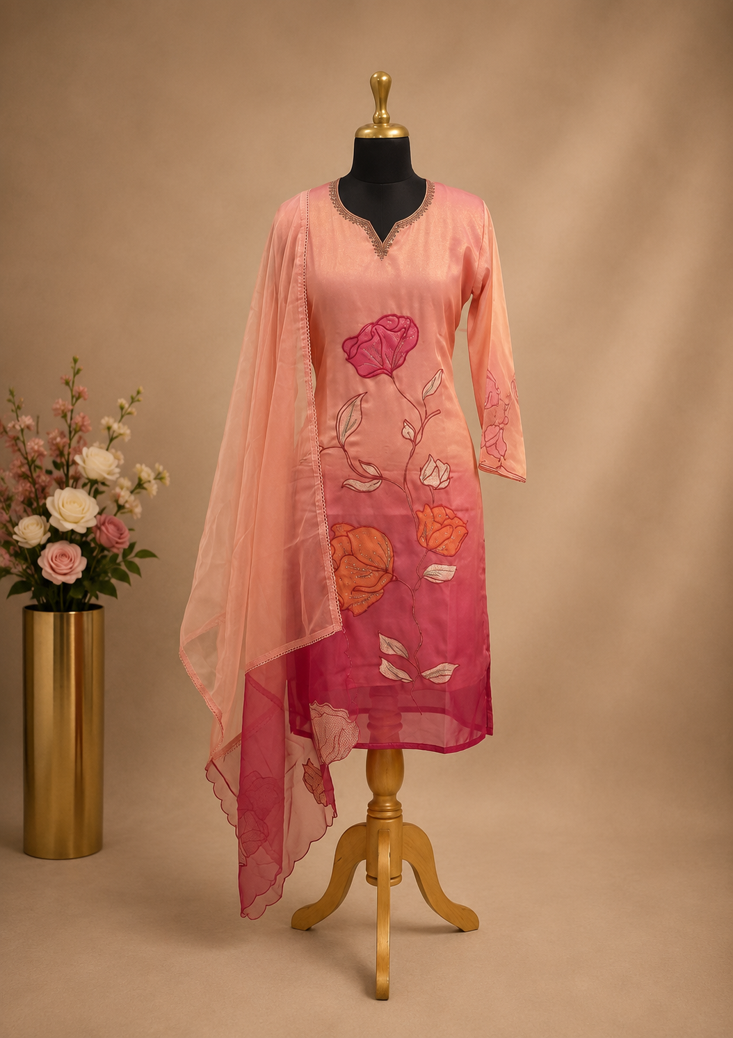 Women’s Dual Shade Shimmer Silk Kurta Set with Appliqué Work in S, M & L