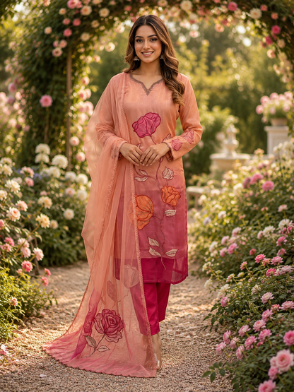 Women’s Dual Shade Shimmer Silk Kurta Set with Appliqué Work in S, M & L