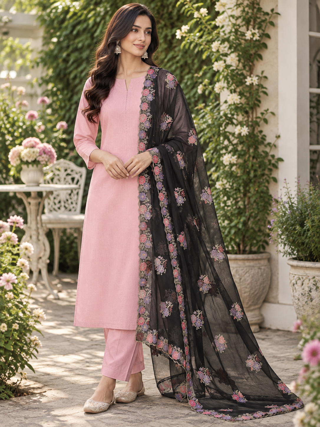 Women's Black Georgette Dupatta with Sequin & Scalloped Border