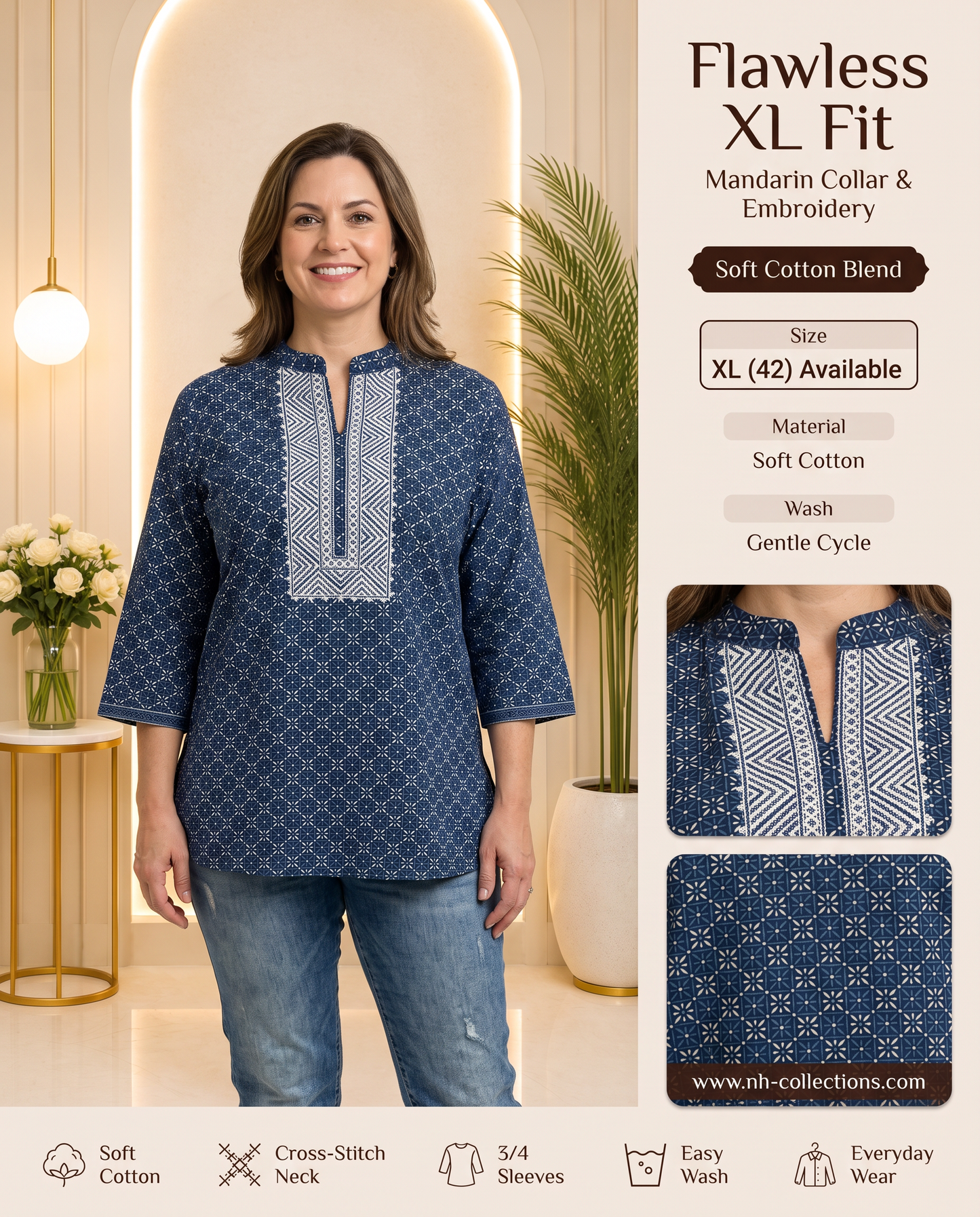 Women's navy blue blouse with cross-stitch embroidery on the neck in XL