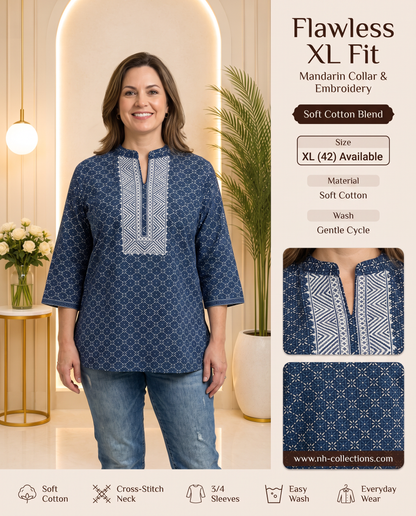 Women's navy blue blouse with cross-stitch embroidery on the neck in XL