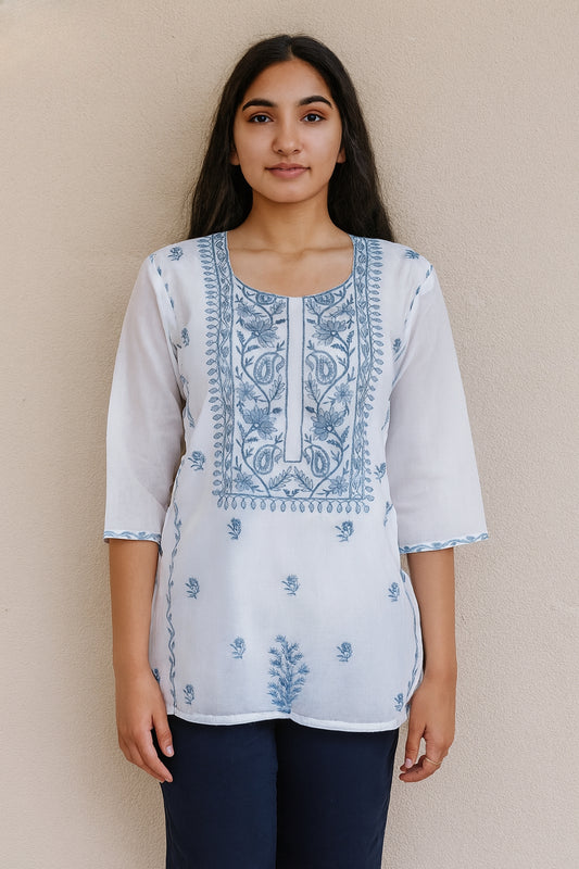Women's white Linen Blouse with Blue embroidery