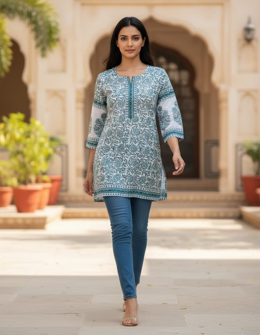 Women's White with blue floral print in L