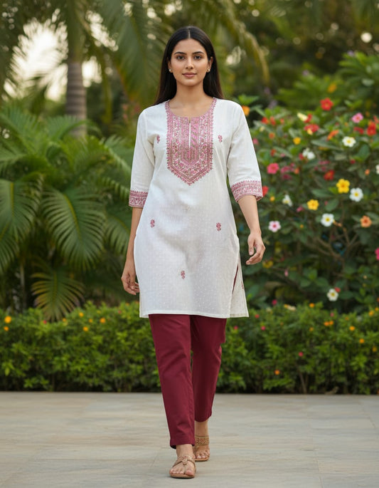 Women's Off-white with pastel thread embroidery around neck in L