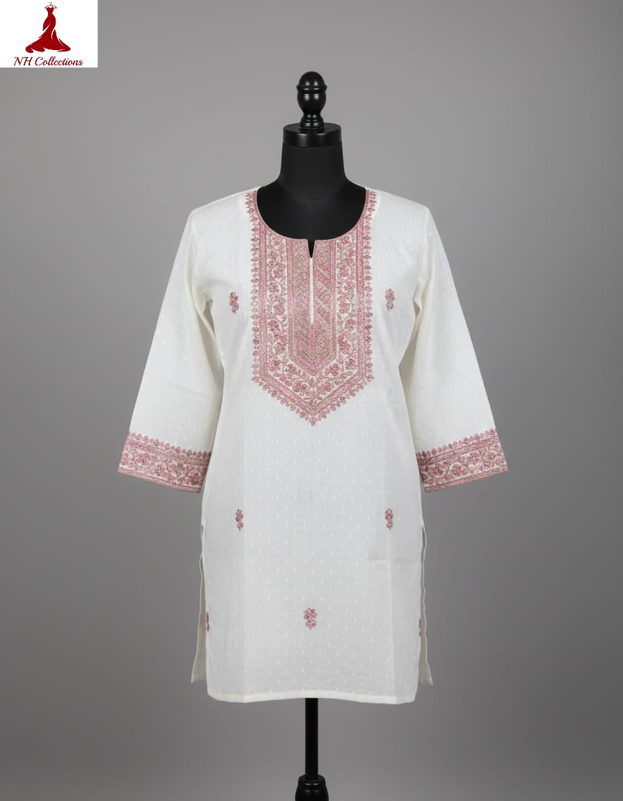 Women's Off-white with pastel thread embroidery around neck in L