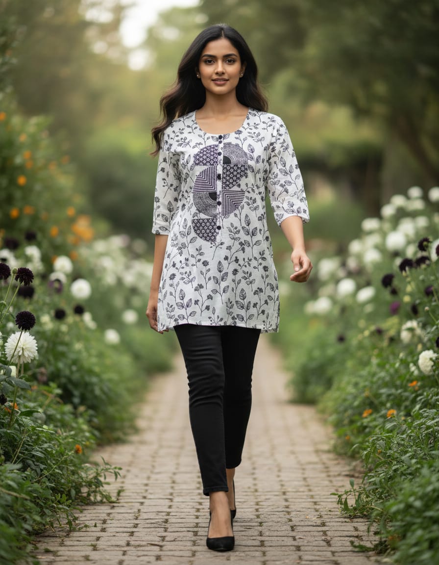 Women's White with black print & semi-circle applique work in L