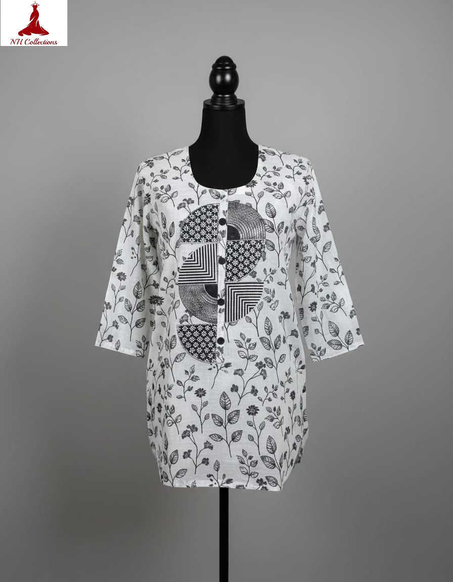 Women's White with black print & semi-circle applique work in L