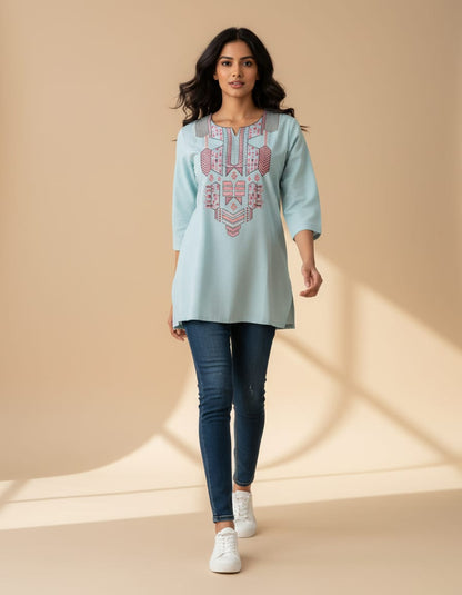 Women's Light Blue cotton top with embroidery and foil mirror work in L
