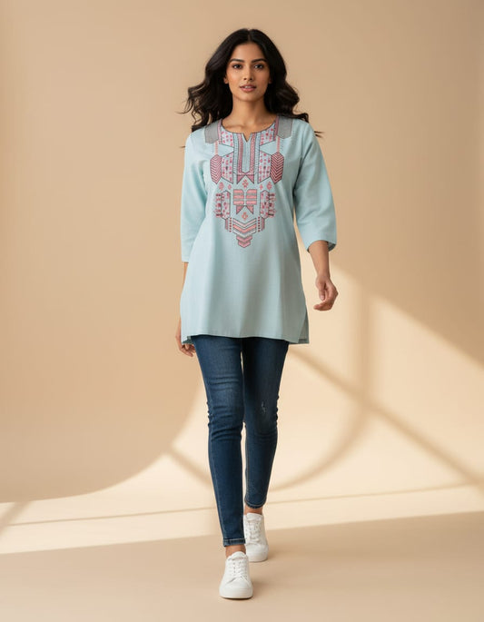 Light Blue cotton top with embroidery and foil mirror work in L