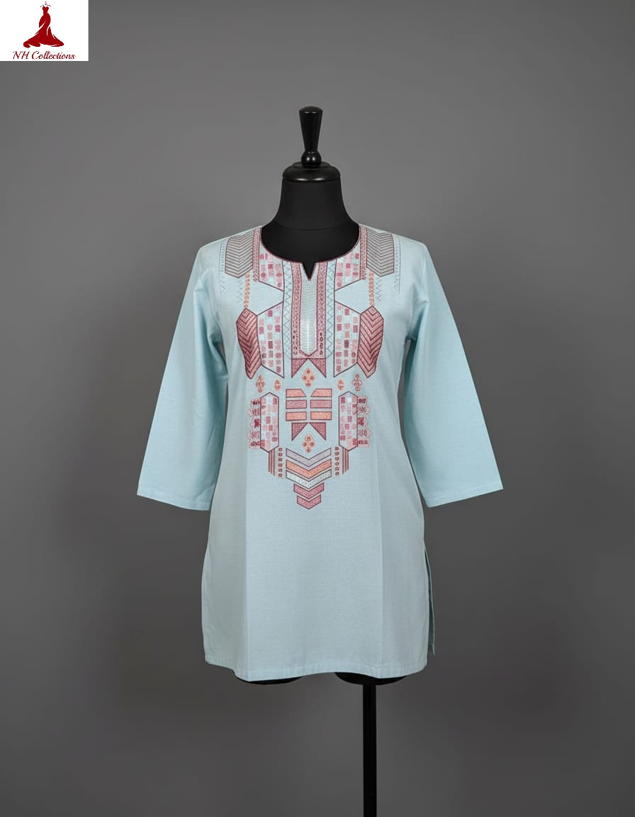 Women's Light Blue cotton top with embroidery and foil mirror work in L