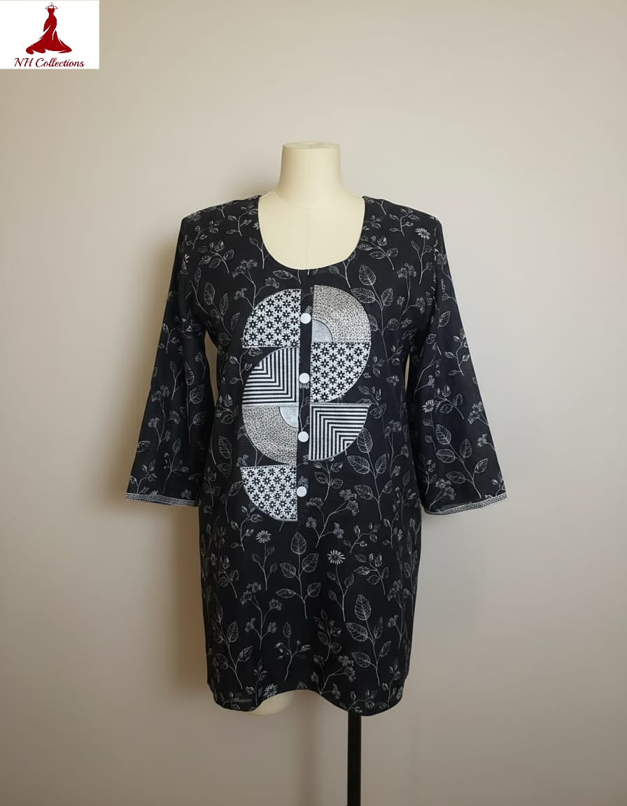 Women's Black with white print & semi-circle applique design in XL