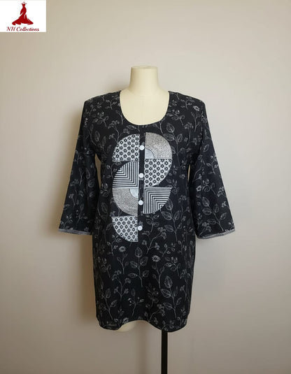 Women's Black with white print & semi-circle applique design in XL