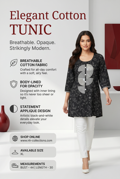 Women's Black with white print & semi-circle applique design in XL