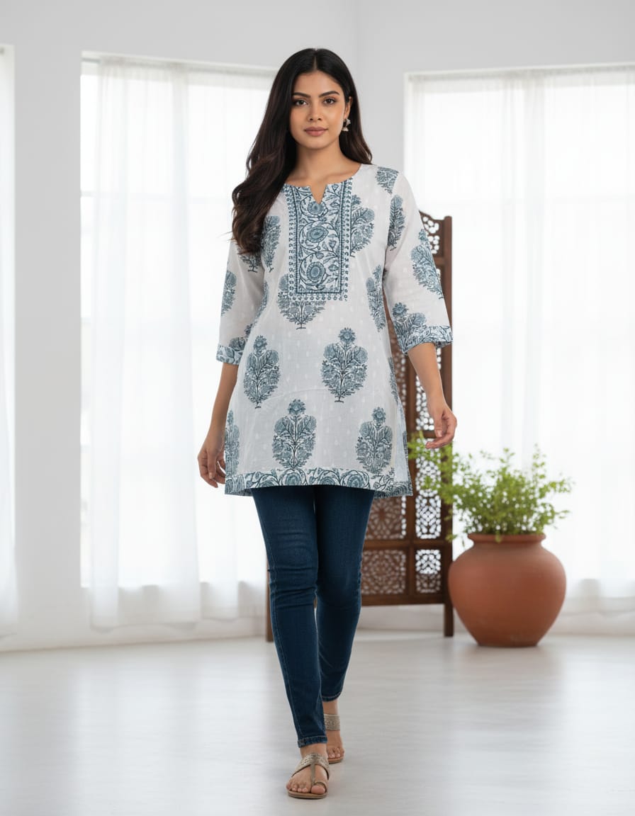 Women's White with blue floral print in XL