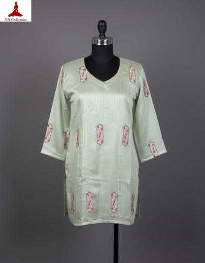 Women's Pastel green muslin silk top with vertical embroidery in L