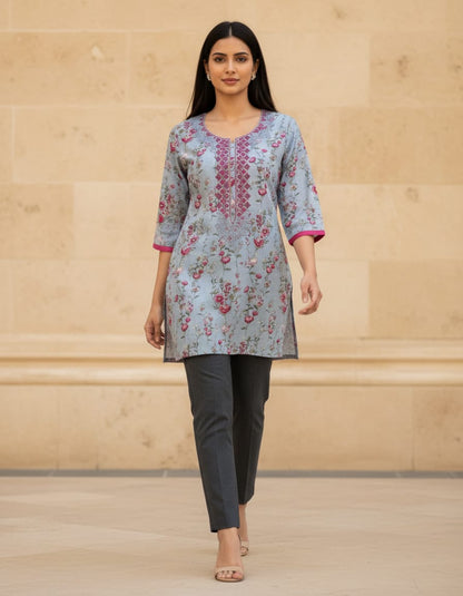 Grey printed cotton top with neck embroidery in 2XL