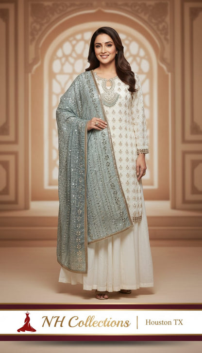 Ivory Georgette Kurta Set with Pearl neck line in M