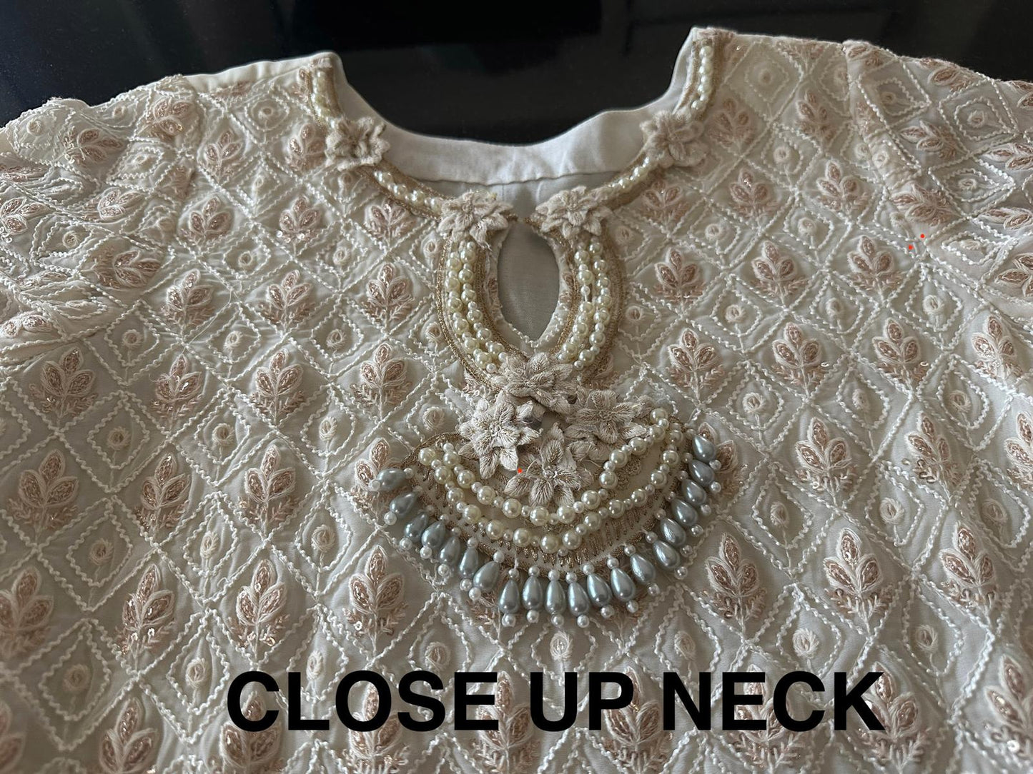 Ivory Georgette Kurta Set with Pearl neck line in M