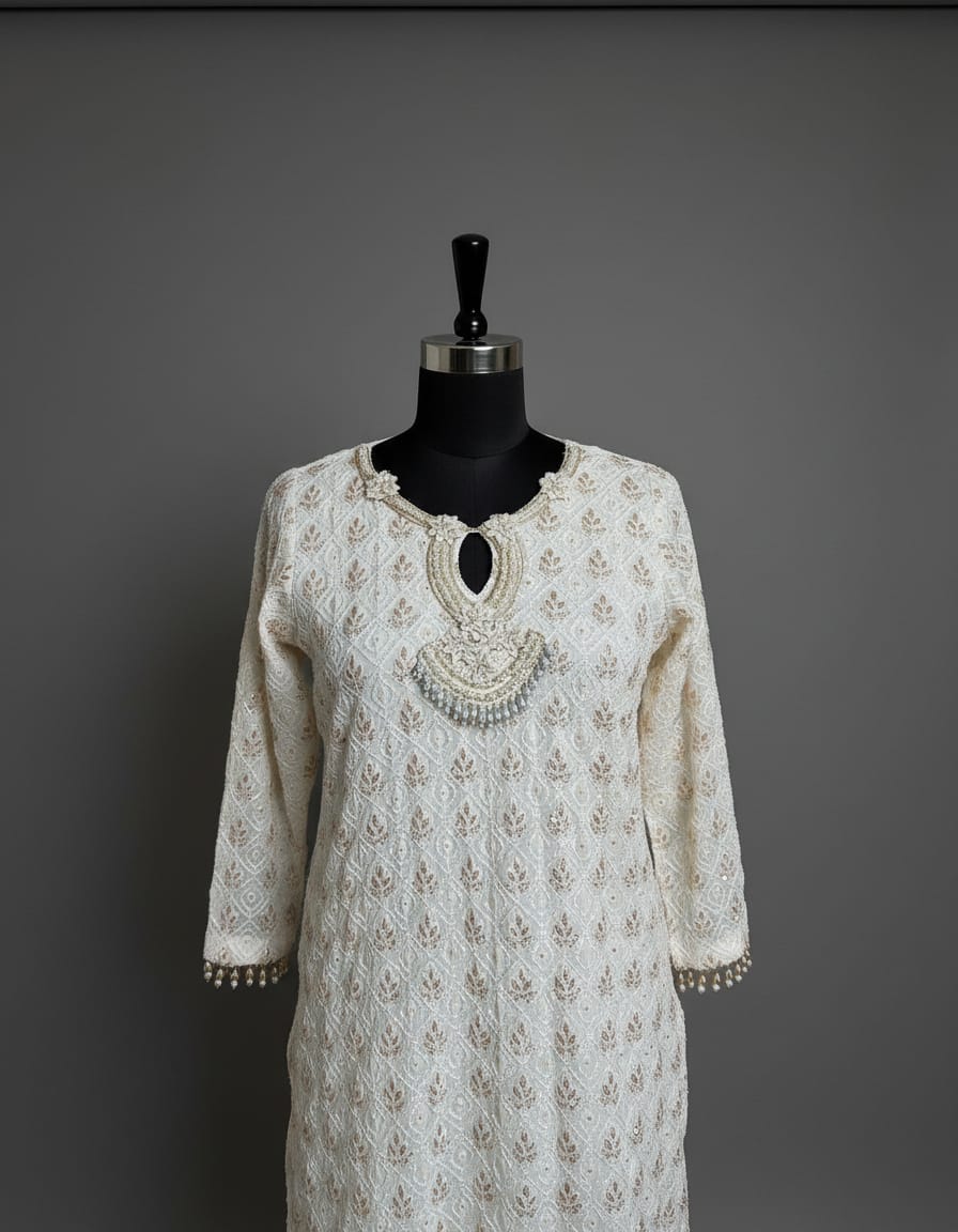 Ivory Georgette Kurta Set with Pearl neck line in M
