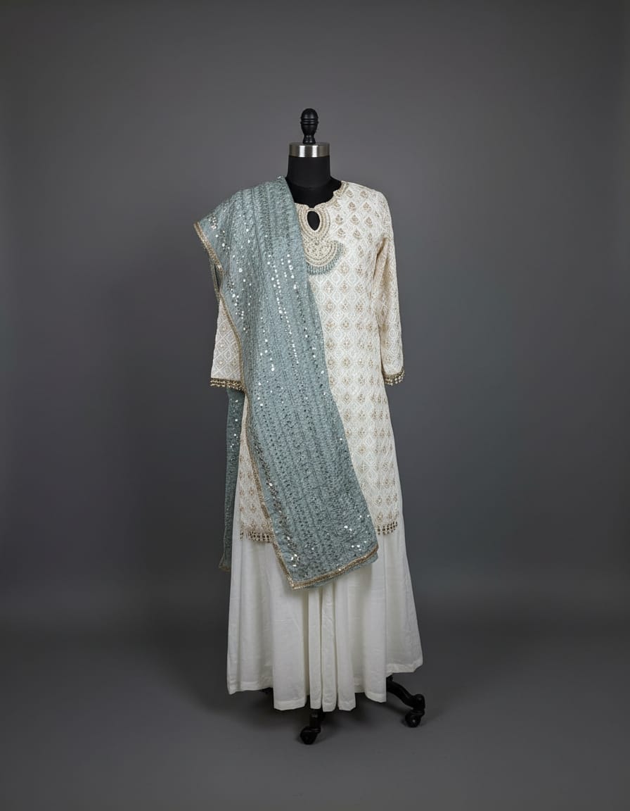 Ivory Georgette Kurta Set with Pearl neck line in M