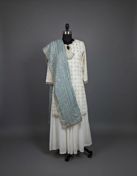 Ivory Georgette Kurta Set with Pearl neck line in M