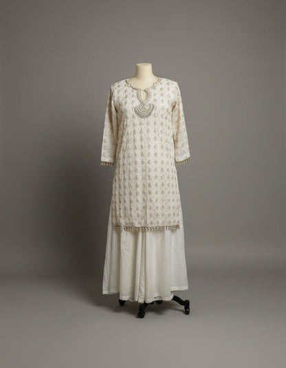 Ivory Georgette Kurta Set with Pearl neck line in M