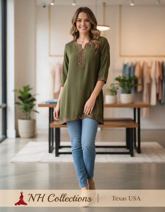 Women's Olive green muslin silk with neck embroidery in XS