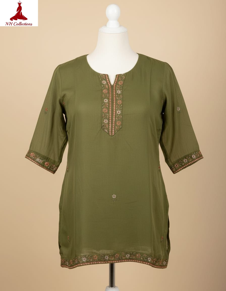 Women's Olive green muslin silk with neck embroidery in XS