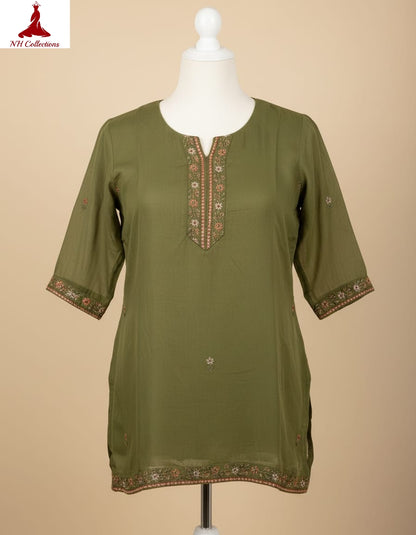 Women's Olive green muslin silk with neck embroidery in XS