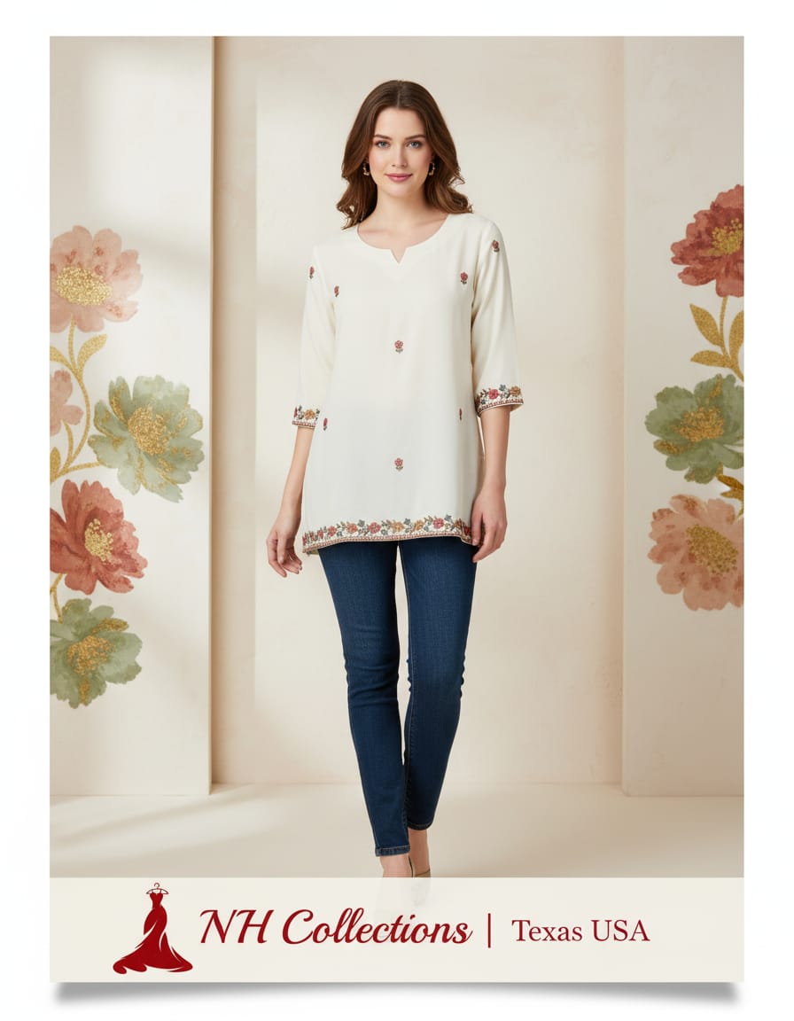 Women's Off-white muslin silk top with embroidery in XS
