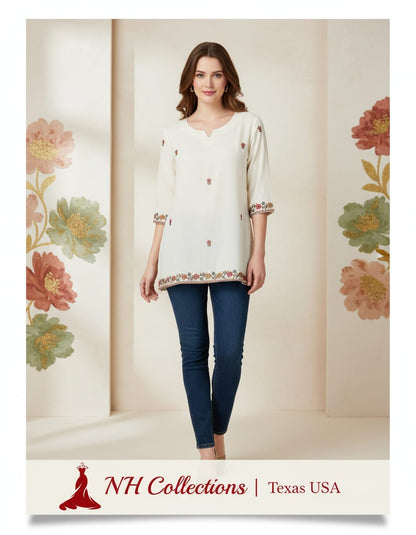 Women's Off-white muslin silk top with embroidery in XS