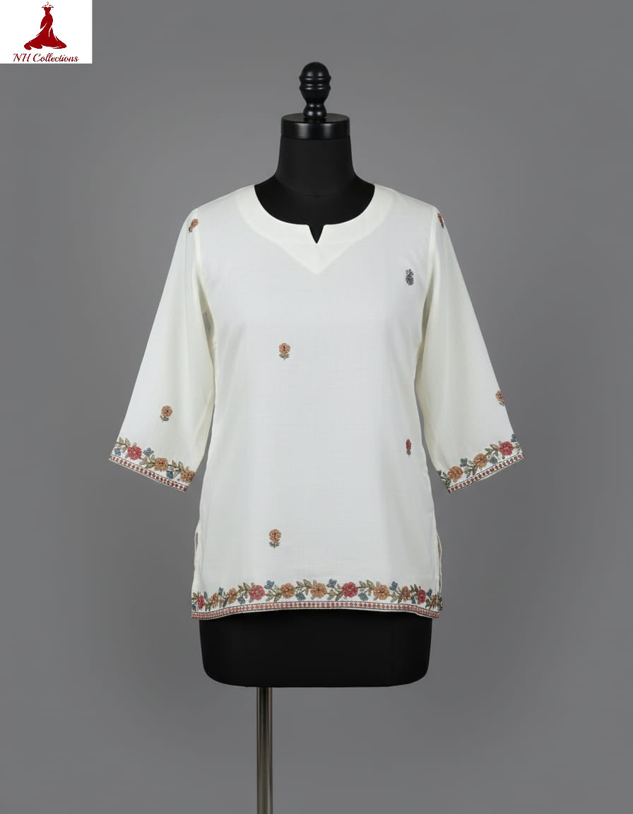 Women's Off-white muslin silk top with embroidery in XS