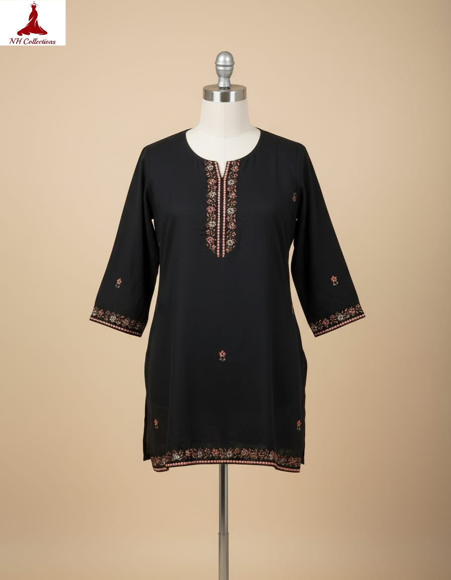 Women's Black muslin silk with neck embroidery in XS