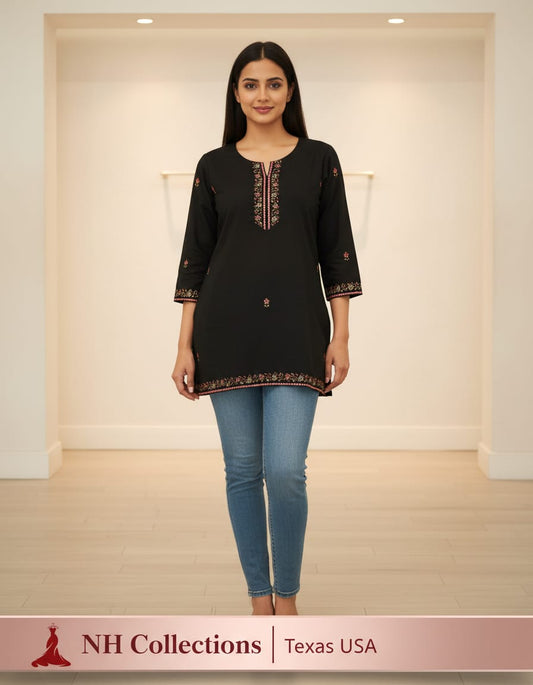 Black muslin silk with neck embroidery in XS