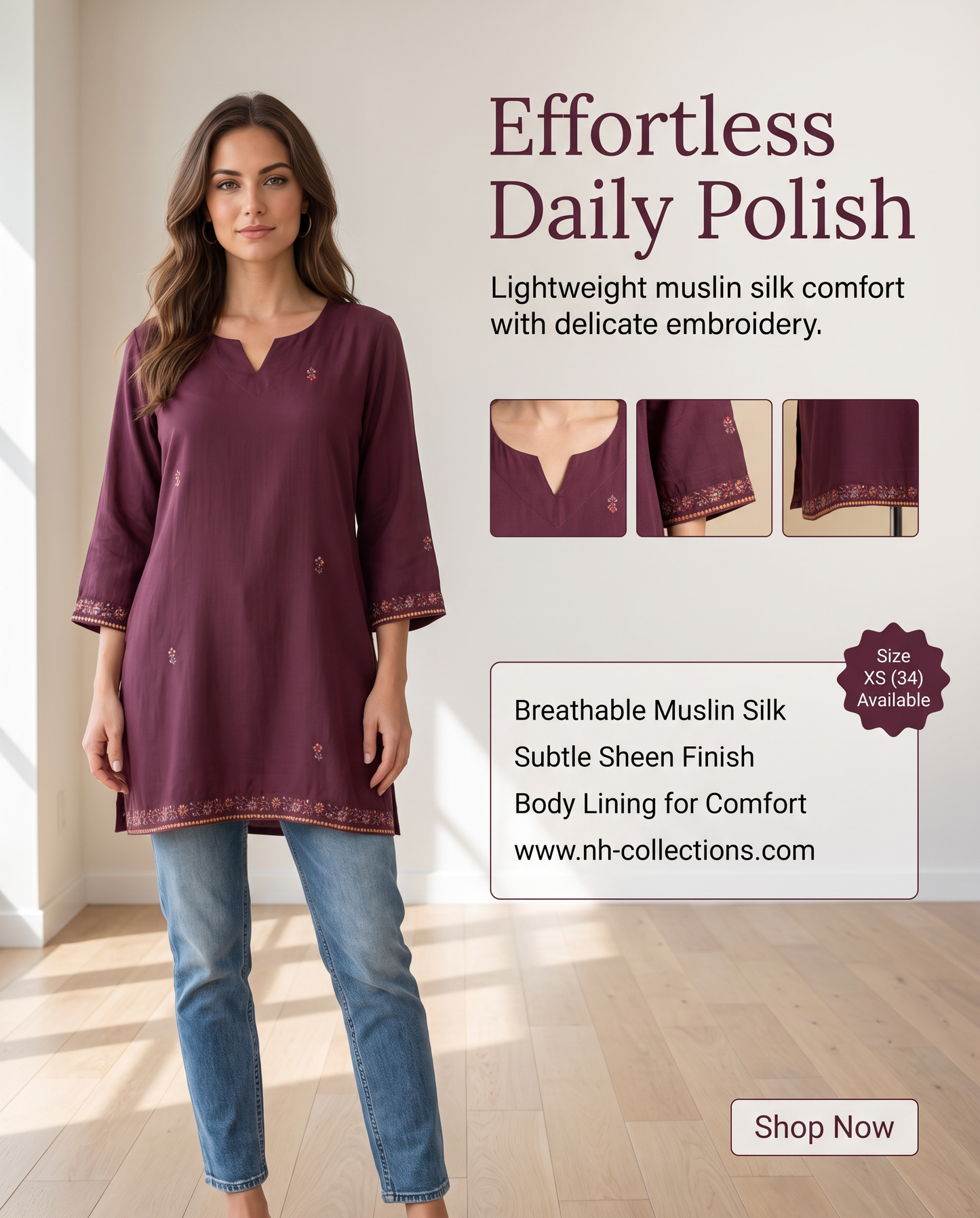 Women's Wine muslin silk top with embroidery in XS