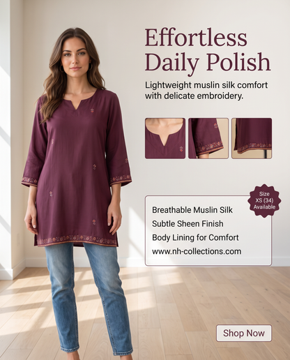 Women's Wine muslin silk top with embroidery in XS