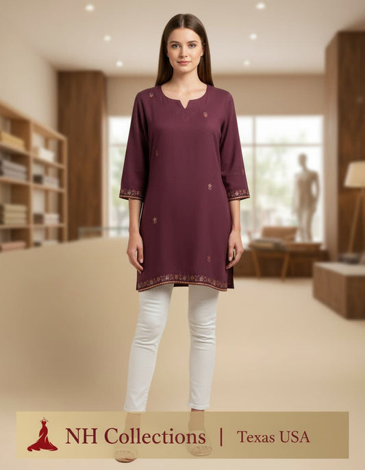 Women's Wine muslin silk top with embroidery in XS
