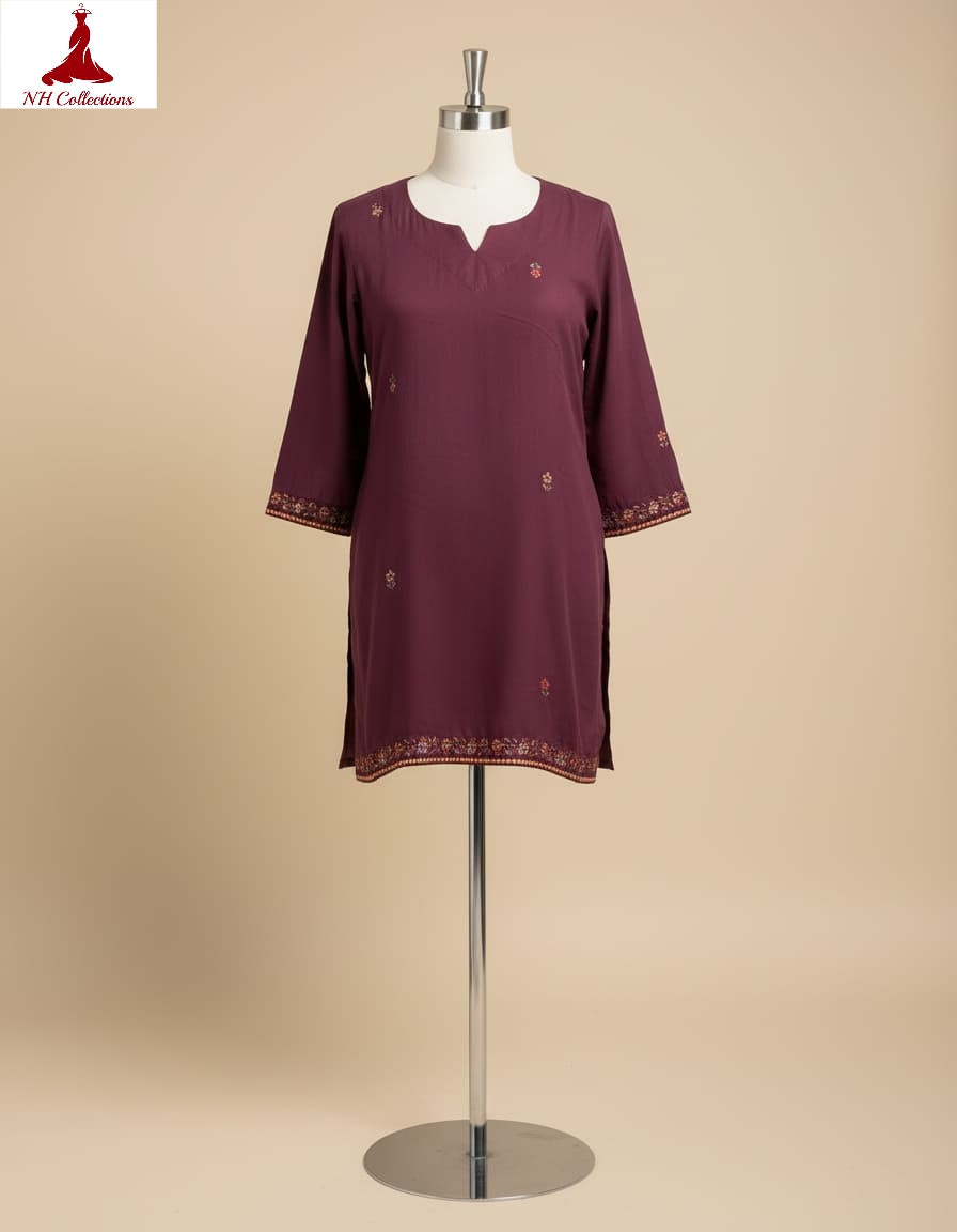 Women's Wine muslin silk top with embroidery in XS