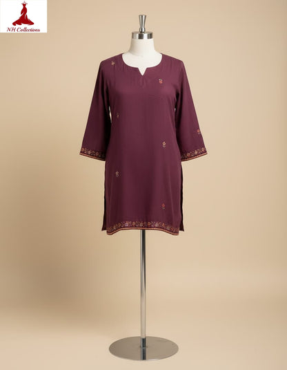 Women's Wine muslin silk top with embroidery in XS