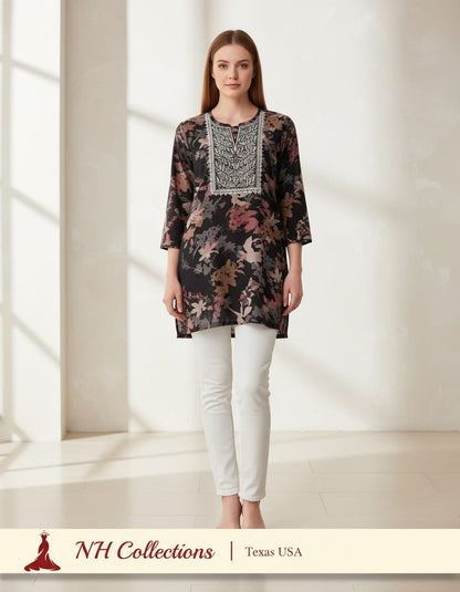 Women's Black printed with white thread embroidery in S