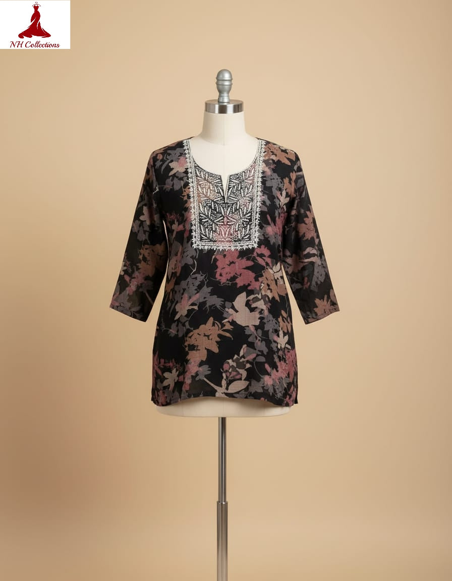 Women's Black printed with white thread embroidery in S