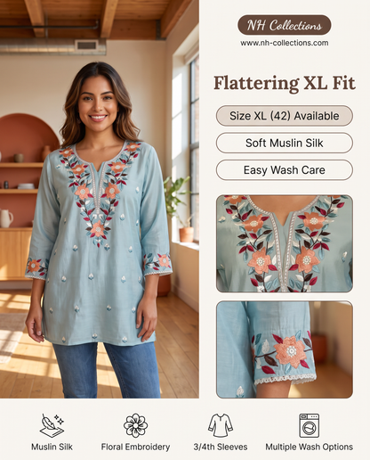 Women's light blue color blouse in muslin silk in XL