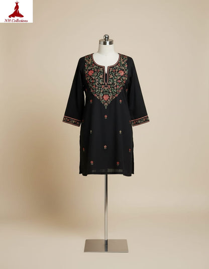 Women's Black muslin silk with full neck embroidery in M