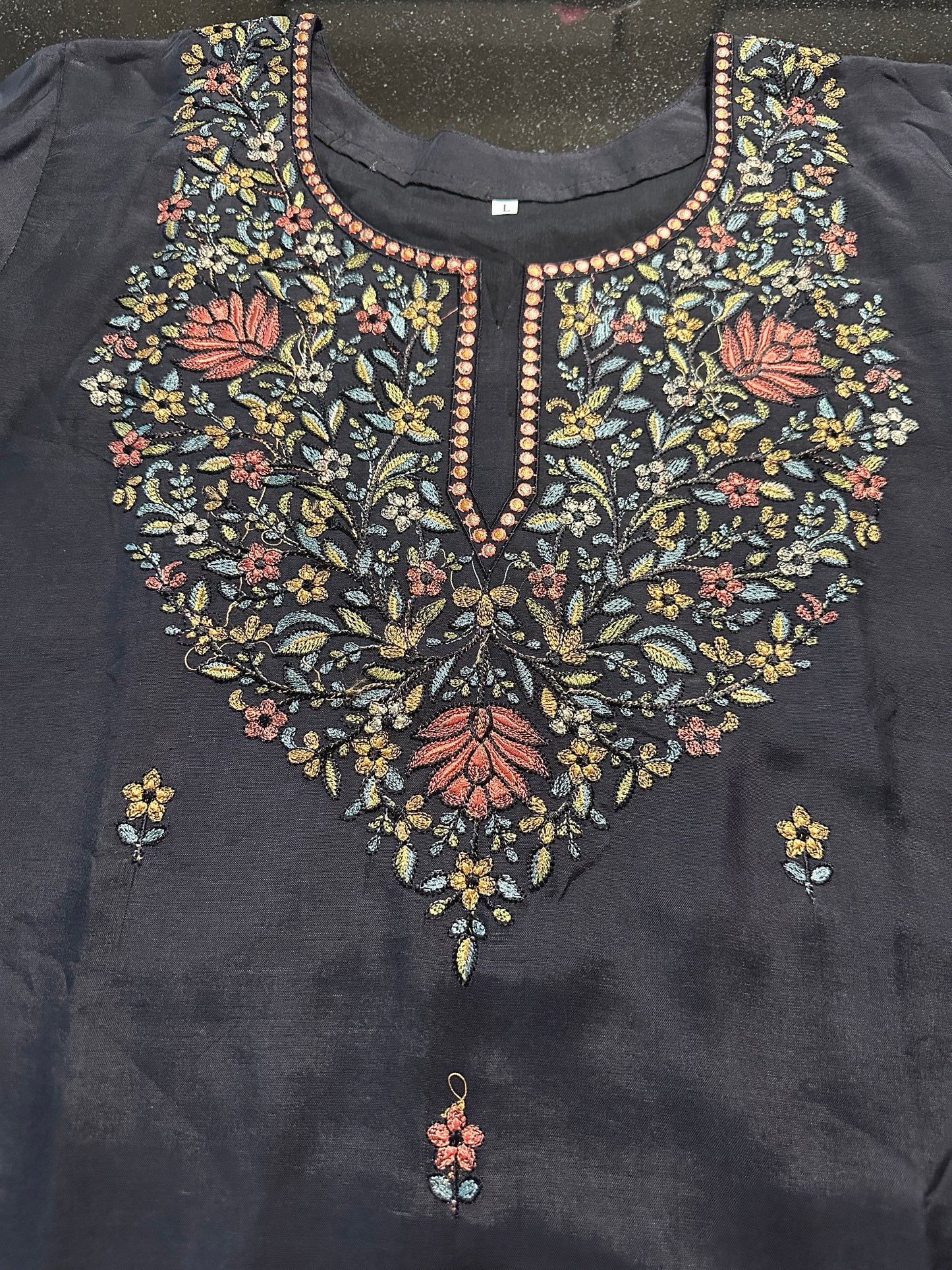 Women's Black muslin silk with full neck embroidery in M